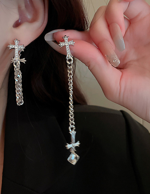 Fashion Silver Zirconium Cross Chain Drop Earrings In Metal