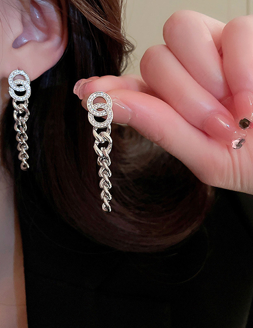 Fashion Silver (tassel) Zirconium Double Circle Chain Tassel Drop Earrings In Metal