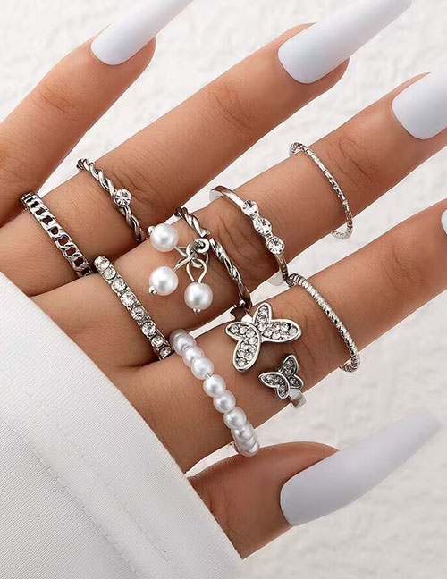 Fashion Silver Alloy Diamond And Pearl Geometric Ring Set