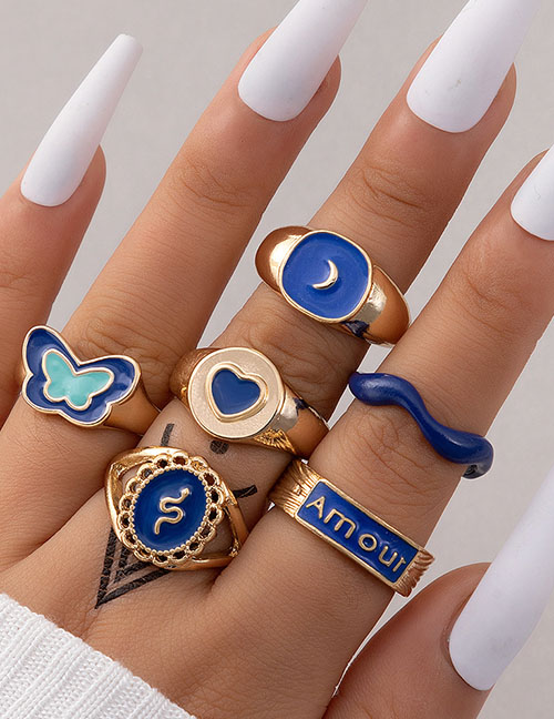 Fashion Blue Alloy Drip Oil Heart Letter Butterfly Crescent Double Irregular Ring Set