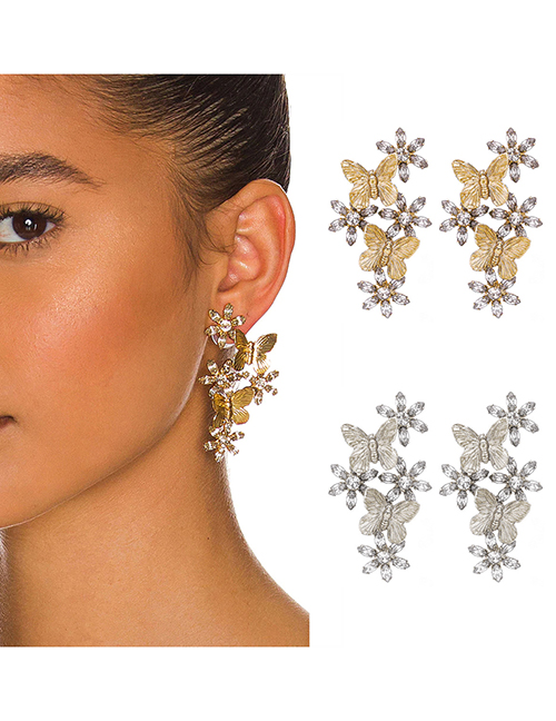 Fashion Gold Alloy Inlaid Diamond Flower Butterfly Earr