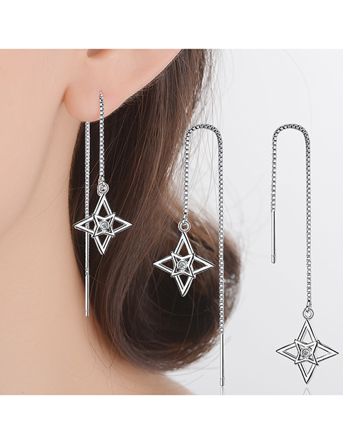 Fashion Platinum Plated Copper Brass And Diamond Four Pointed Star Earrings