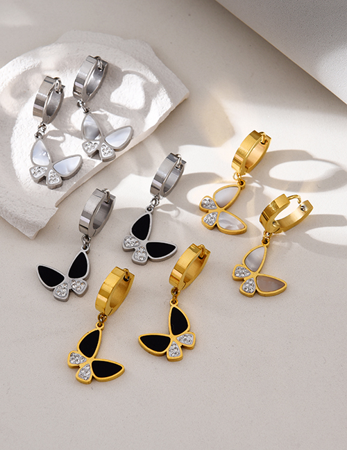 Fashion Gold+white Titanium Steel Inlaid Zirconium Shell Butterfly Earrings Earrings