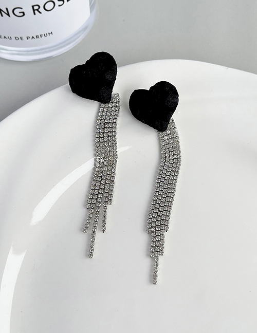 Fashion Black Alloy Diamond Fabric Heart Tassel Earrings