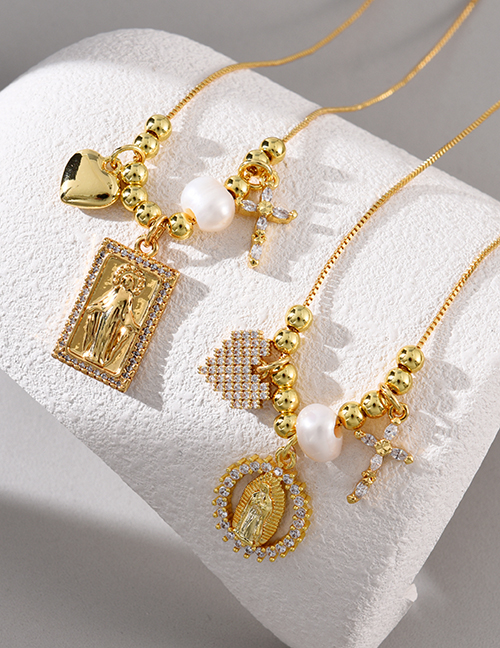 Fashion Golden 1 Copper Inlaid Zircon Figure Cross Shell Heart Pendant Beaded Necklace