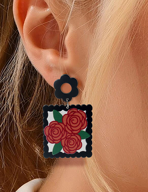 Fashion 1# Resin Print Square Flower Earrings