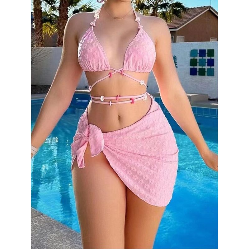 Fashion Pink Polyester Halterneck Lace-up One-piece Swimsuit Bikini Three-piece Set