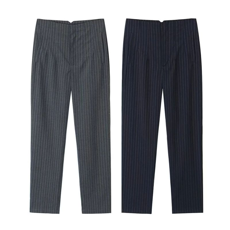 Fashion Dark Gray Polyester Striped High Waist Trousers