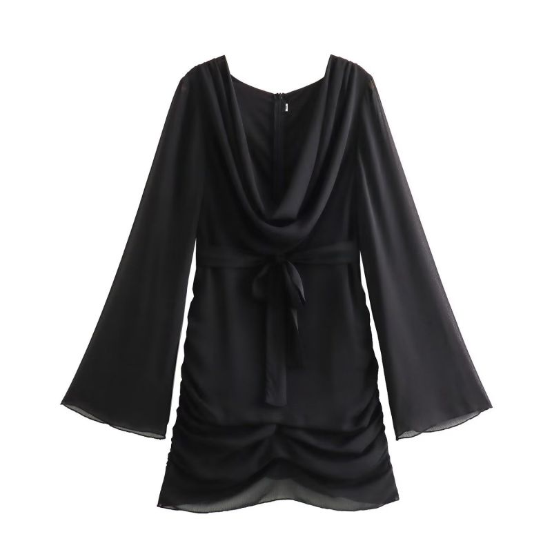 Fashion Black Swing Collar Long Sleeve Lace Up Skirt