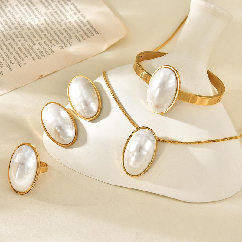 Fashion Gold Titanium Steel Oval Pearl Pendant Necklace Earrings Bracelet Ring Set