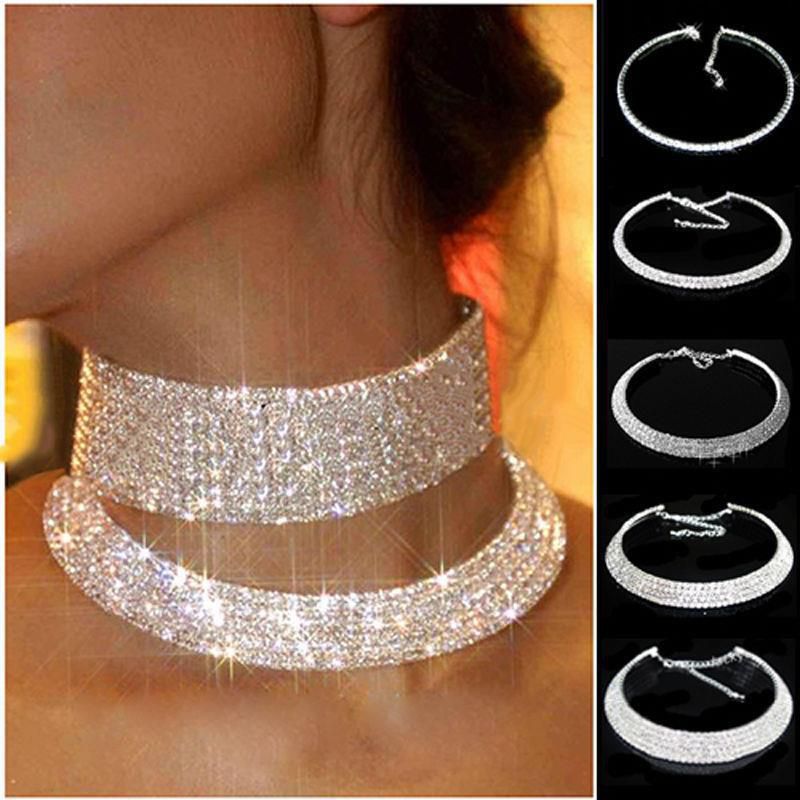 Fashion 5 Rows Silver Geometric Diamond Prong Chain Choker
