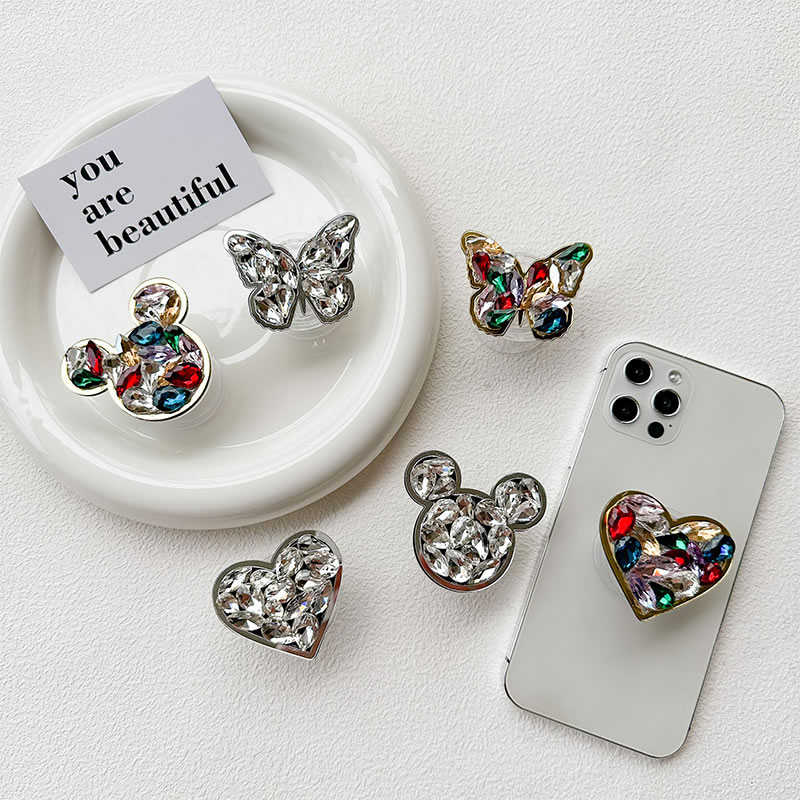 Fashion Gem Mickey - White Diamond With Silver Edge Plastic Diamond Mickey Mouse Mobile Phone Airbag Holder