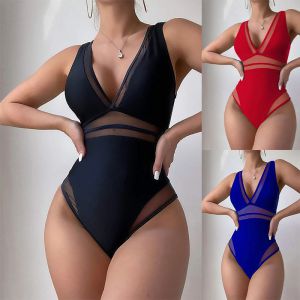 Fashion Blue Polyester Mesh Patchwork One-piece Swimsuit