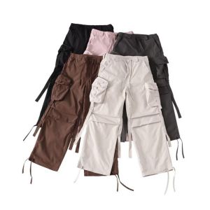 Fashion Black Multi-pocket Drawstring Cargo Straight-leg Trousers