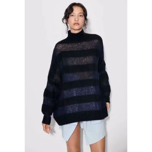 Fashion Blue And Black Stripes Striped Knitted Sweater
