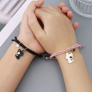 Fashion Cartoon Cat Love Magnet Pair Of Black And Gray Elastic Ropes Metal Dripping Cat Magnetic Love Bracelet Set