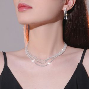 Fashion Silver Geometric Diamond Earrings Multi-layered Necklace Set
