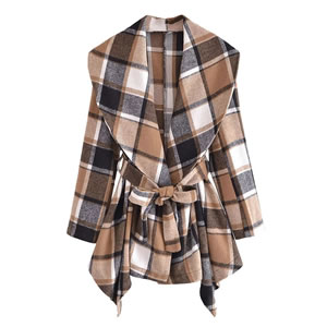 Fashion Brown Polyester Lapel Plaid Lace-up Coat