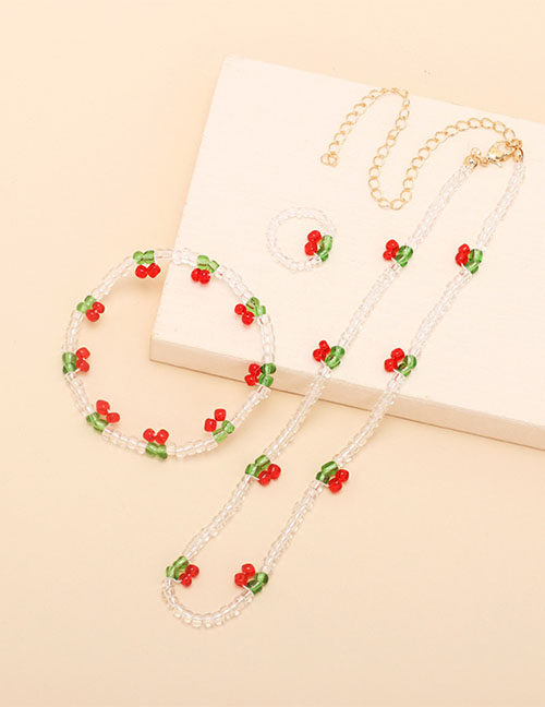 Fashion Three Piece Suit Crystal Beaded Cherry Necklace Bracelet Ring Set
