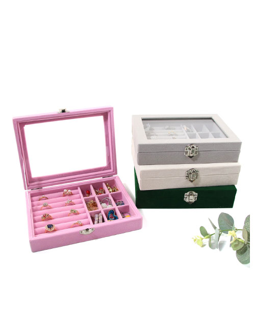Fashion Inner 9 Squares Pink  Fabric Flip Top Jewelry Storage Box
