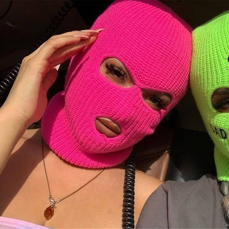 Fashion Fluorescent Yellow Knitted Hollow Face Mask Beanie