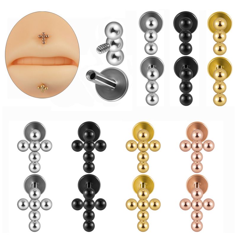 Fashion Rose Gold Six Ball Cross (minimum Order Of 4) Stainless Steel Geometric Ball Cross Lip Nails (minimum Batch Of 4)