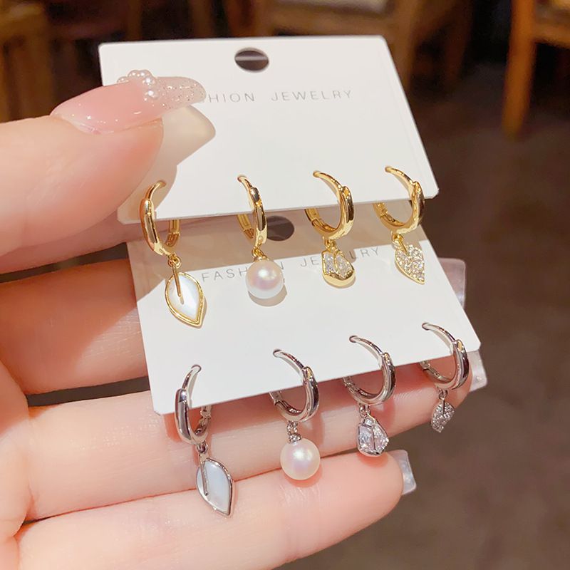 Fashion Silver - Mother-of-pearl Leaf Pearl Four-piece Set (thick Real Gold Plating) Copper And Diamond Geometric Leaf Pearl Earring Set