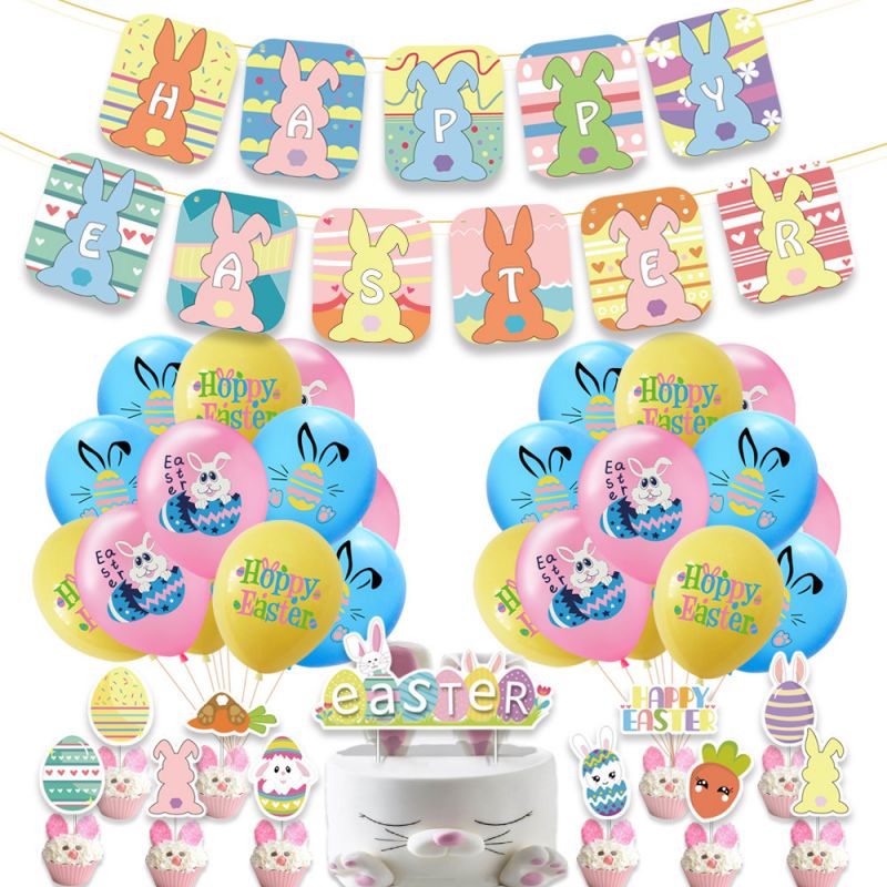 Fashion Set:20 Balloons (7 Pink 7 Blue 6 Yellow) + Flags + 11 Cake Cards + 2 Flat Gold Ribbons 2 Rabbit Easter Egg Flag Latex Balloon Cake Insert Set