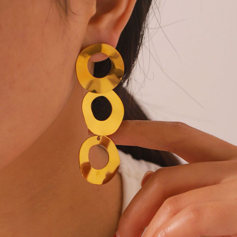 Fashion Gold Stainless Steel Hollow Round Earrings 