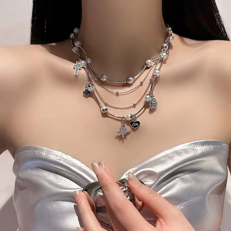 Fashion Silver Alloy Pearl Starburst Love Flower Multi-layer Necklace