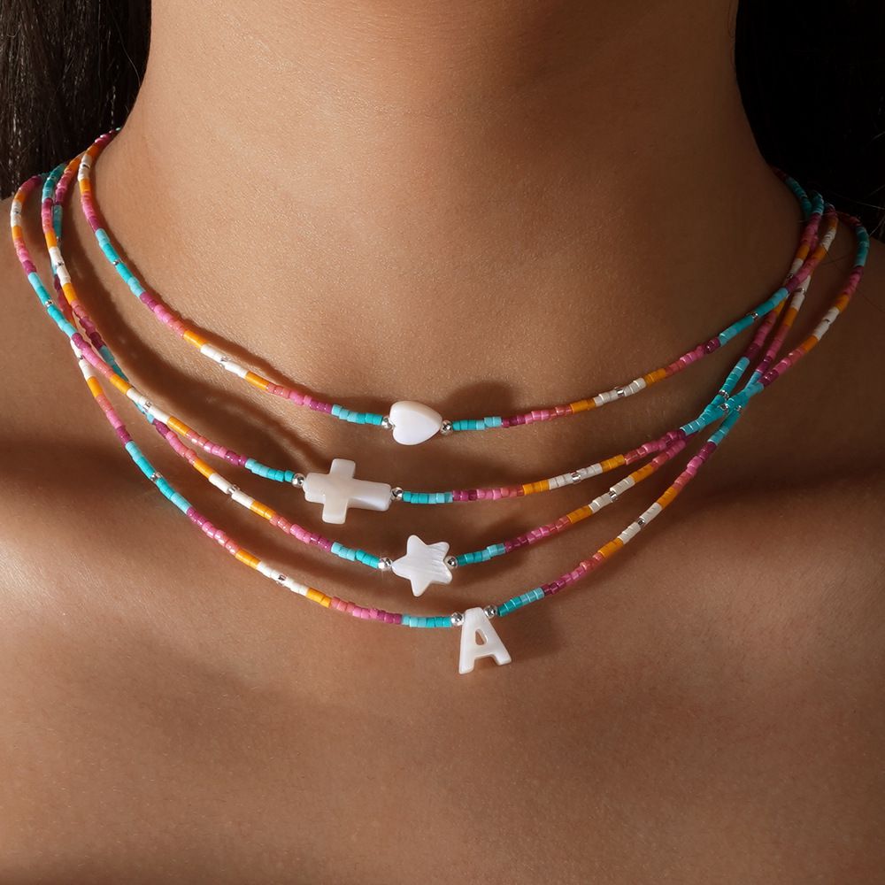 Fashion Love Colorful Rice Beads And Shell Love Necklace
