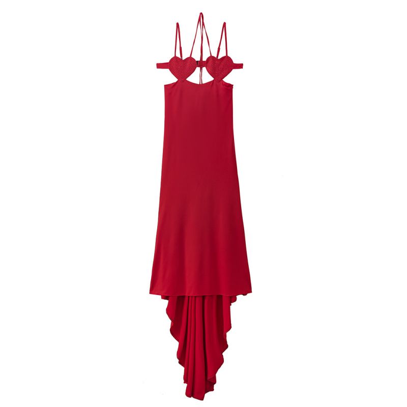 Fashion Rose Red Polyester Love Hollow Irregular Suspender Long Skirt