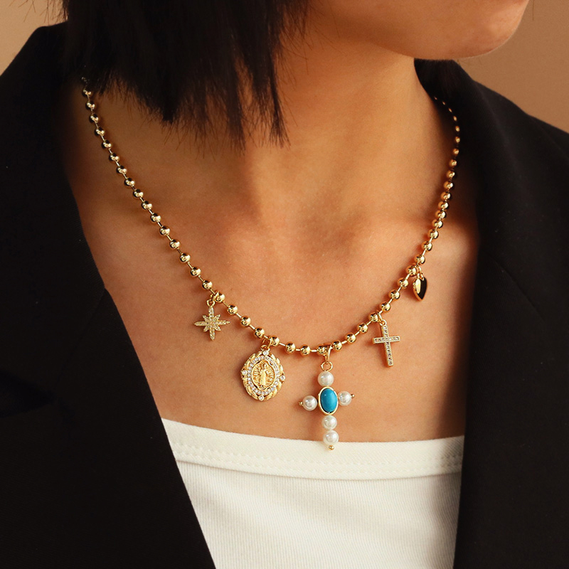 Fashion Gold Copper Inlaid Zirconia Portrait Pearl Cross Pendant Bead Necklace (4mm) 