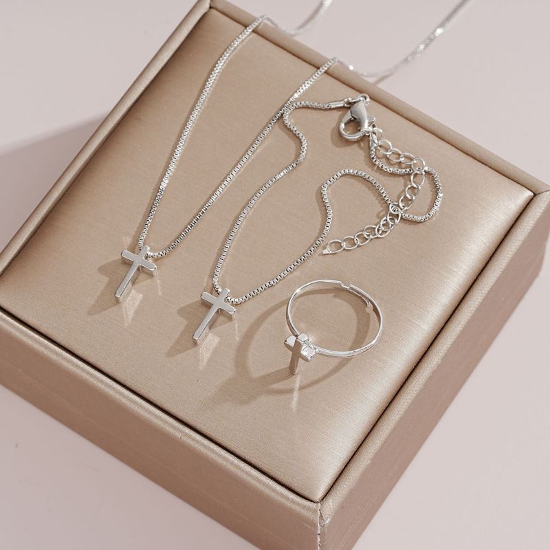 Fashion Silver Alloy Cross Necklace Bracelet Ring Set