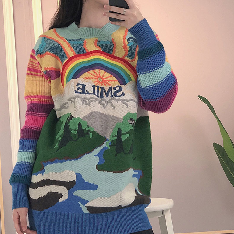 Fashion Blue Rainbow Knitted Embroidered Crew Neck Pullover Sweater 