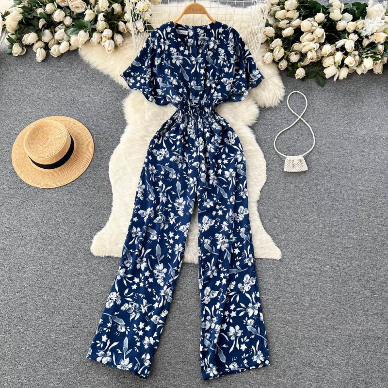 Fashion Navy Blue Spandex V-neck Printed Jumpsuit Wide Trousers 