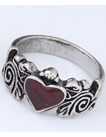 Vintage Silver Color +red Heart Shape Decorated Ring
