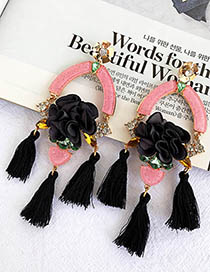 Fashion Black Alloy Resin Diamond Flower Tassel Earrings