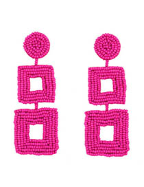 Fashion Rose Red Woven Double-sided Rice Beads Square Earrings