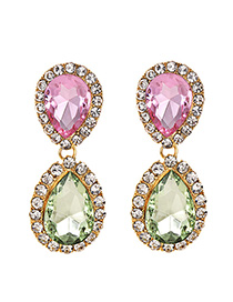 Fashion Pink + Green Alloy Diamond Drop Shape Earrings