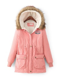Fashion Pink Thick Hooded Long Section Lambskin Drawstring Fur Collar Coat