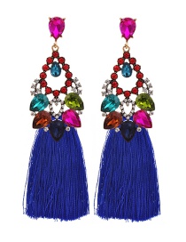 Fashion Royal Blue Alloy Rhinestone Hollow Water Drop Long Tassel Stud Earrings