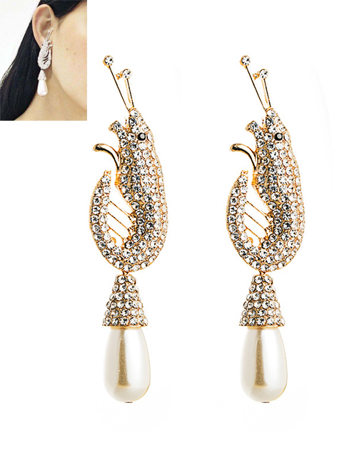 Fashion Golden Lobster Alloy Earrings With Rhinestone Pearls