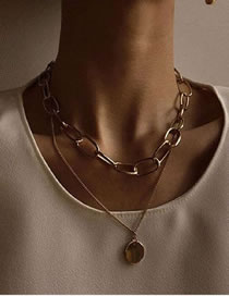 Fashion Gold Coloren Thick Chain Round Pendant Alloy Double Necklace