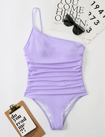 Fashion Light Purple Polyester One-shoulder Pleated One-piece Swimsuit