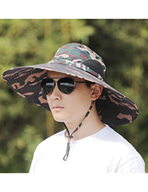 Fashion [15cm Brim] Half Net Camouflage Green Polyester Big Brim Drawstring Bucket Hat
