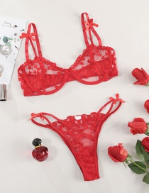 Fashion Red Lace Crocheted Perspective Bowknot Underwear Set