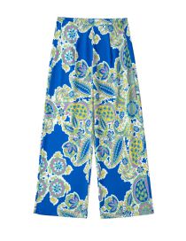 Fashion Blue Geometric-print Drape Wide-leg Pants
