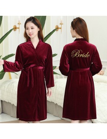 Fashion Red Wine Flannel Letter Embroidered Bandage Nightgown