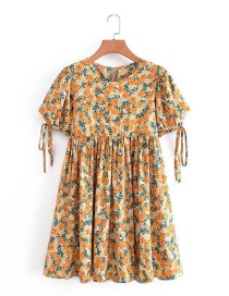 Fashion Yellow Floral Round Head Lace Dress